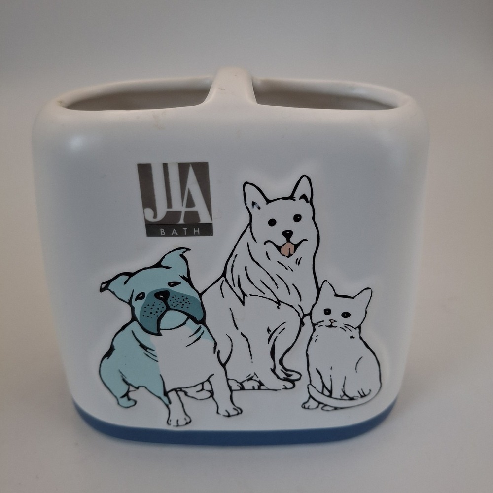 JLA Bath Pet Friends Ceramic Toothbrush Holder White Blue Dogs Cat Bathroom Vtg